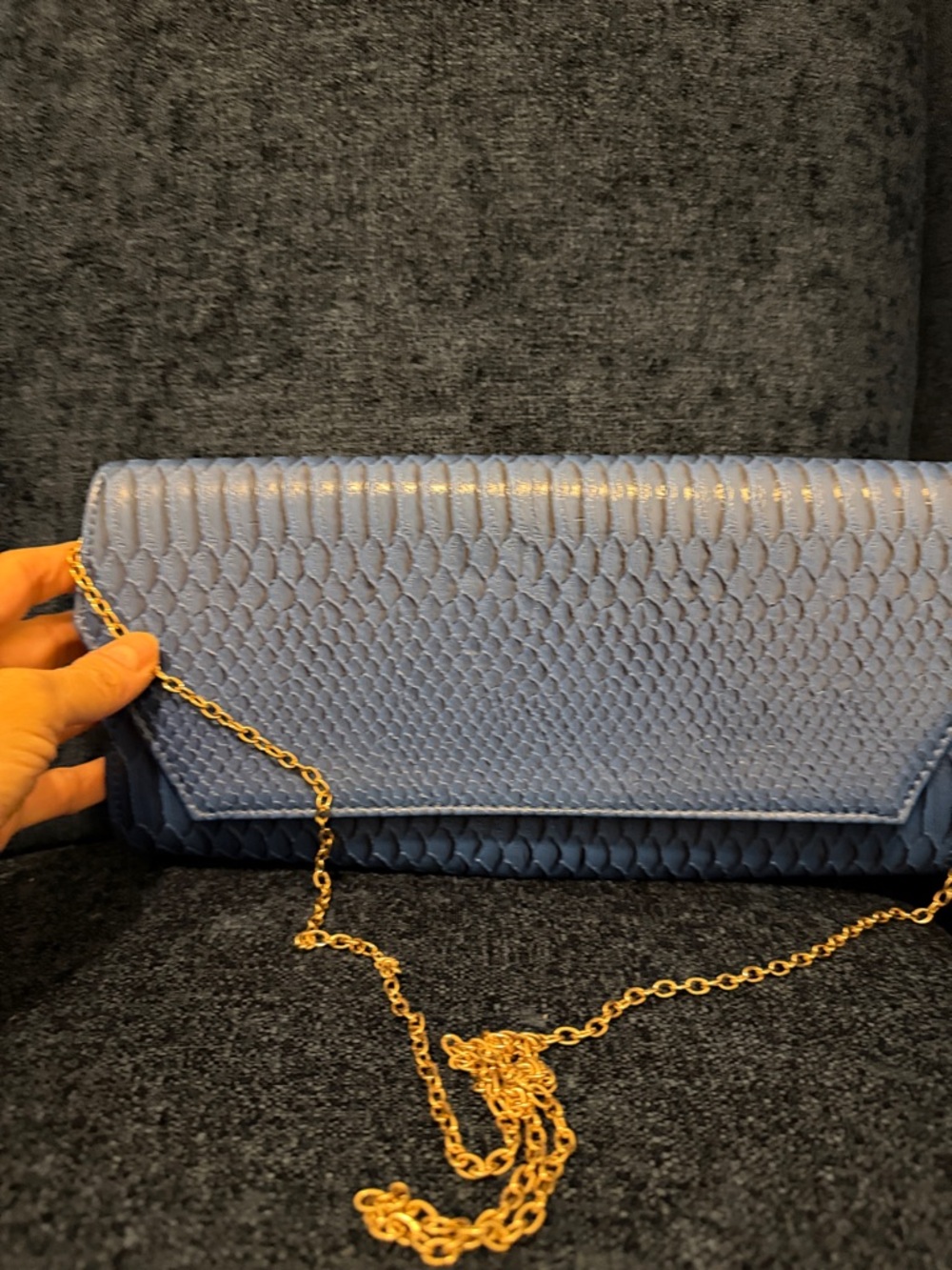 Blue Textured Envelope Clutch with Gold Chain